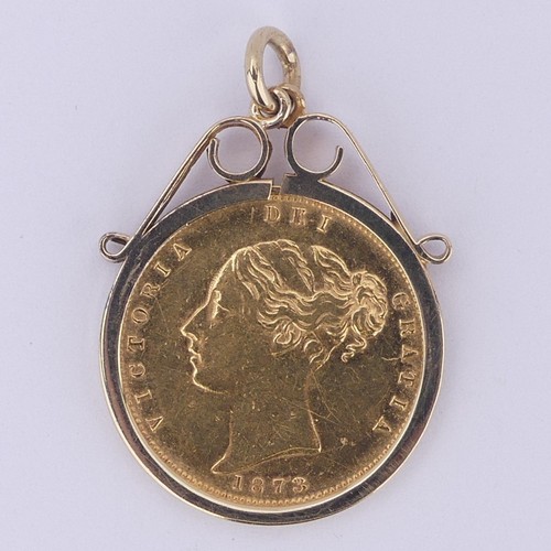 412 - A Victorian gold Half Sovereign, dated 1873, with shield reverse, in a 9ct gold pendant mount, appro... 