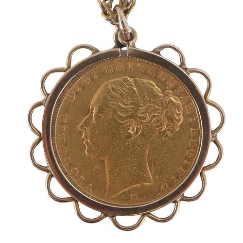 413 - A Victorian gold Sovereign, dated 1884 with Melbourne mint mark, in 9ct gold pendant mount, total we... 