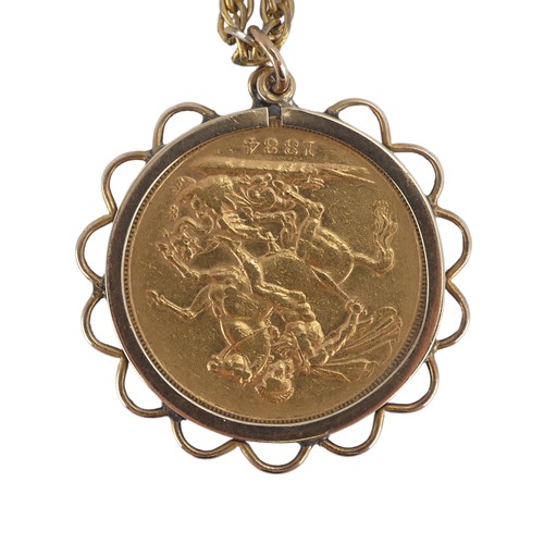 413 - A Victorian gold Sovereign, dated 1884 with Melbourne mint mark, in 9ct gold pendant mount, total we... 