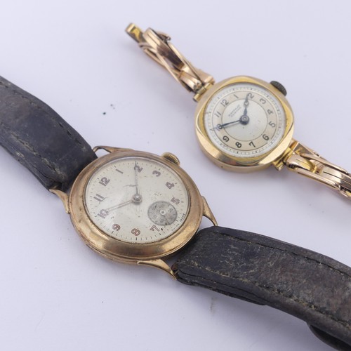 A 9ct gold lady's Wristwatch, retailers signed dial for Rattray, Dundee, on an expanding Britannic bracelet strap, gross total weight 19.9g, together with a vintage 9ct gold wristwatch, hallmarked Birmingham 1946, manual wind 15-jewels movement, not running, the caseback with presentation inscription (2)