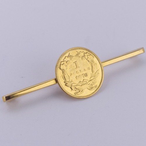 416 - A United States 1 Dollar gold Coin, dated 1876, mounted onto a 9ct gold bar brooch, total weight 2.6... 