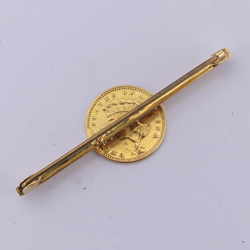 416 - A United States 1 Dollar gold Coin, dated 1876, mounted onto a 9ct gold bar brooch, total weight 2.6... 