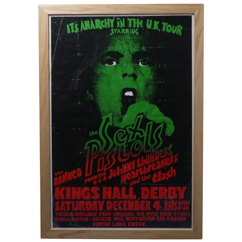 The Sex Pistols 'Anarchy in the UK' 1976 Tour Poster, starring 'The Sex Pistols, The Damned, Johnny Thunders and the Heartbreakers, and The Clash', for their performance at King's Hall, Derby, England, December 4th 1976, framed and glazed, 50cm x 75cm, some creasing, see images.
