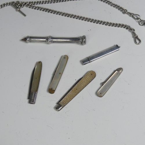 27 - A silver double 'Albert' Watch Chain, with bloodstone and carnelian fob suspended and with a silver ... 