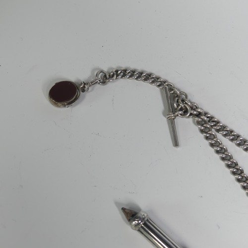 27 - A silver double 'Albert' Watch Chain, with bloodstone and carnelian fob suspended and with a silver ... 