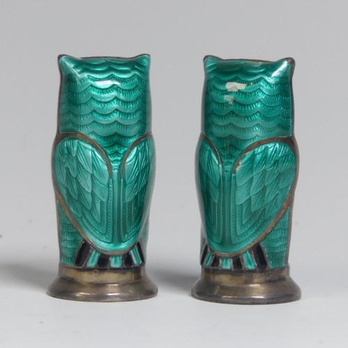60 - David Andersen; A pair of novelty silver and enamel owl Pepper Pots, the circular bases marked 'D-A ... 