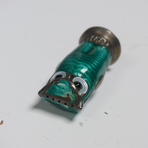 60 - David Andersen; A pair of novelty silver and enamel owl Pepper Pots, the circular bases marked 'D-A ... 