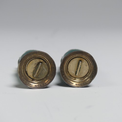 60 - David Andersen; A pair of novelty silver and enamel owl Pepper Pots, the circular bases marked 'D-A ... 