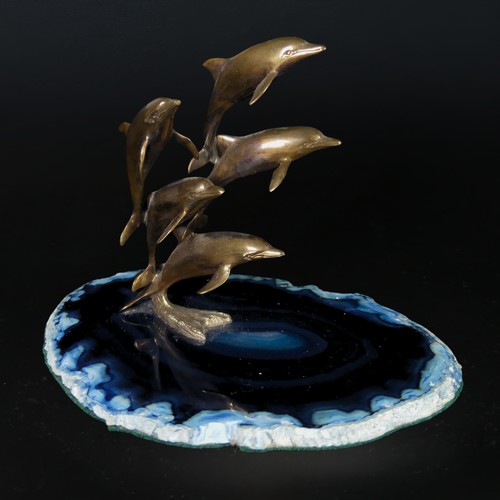 19 - Paul Eaton (Contemporary), 'Splash', a commissioned bronze sculpture of five dolphins on blue agate ... 