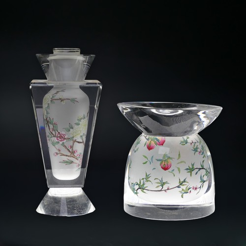 49 - A Jacarte Archelan glass Candleholder, interior painted with peach-blossom, H 12.5cm, together with ... 