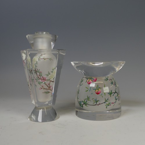 49 - A Jacarte Archelan glass Candleholder, interior painted with peach-blossom, H 12.5cm, together with ... 