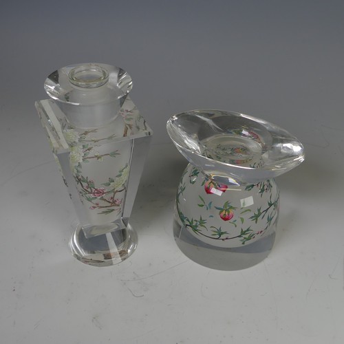 49 - A Jacarte Archelan glass Candleholder, interior painted with peach-blossom, H 12.5cm, together with ... 