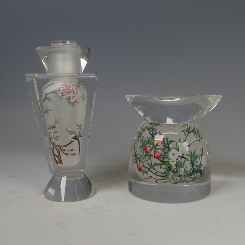 49 - A Jacarte Archelan glass Candleholder, interior painted with peach-blossom, H 12.5cm, together with ... 