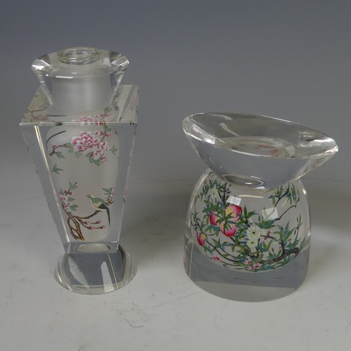 49 - A Jacarte Archelan glass Candleholder, interior painted with peach-blossom, H 12.5cm, together with ... 