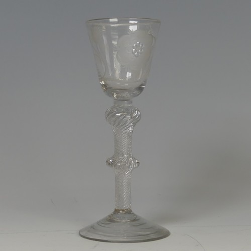 53 - A Georgian air-twist Jacobite Wine Glass, the conical bowl decorated with Jacobite rose, double-knop... 