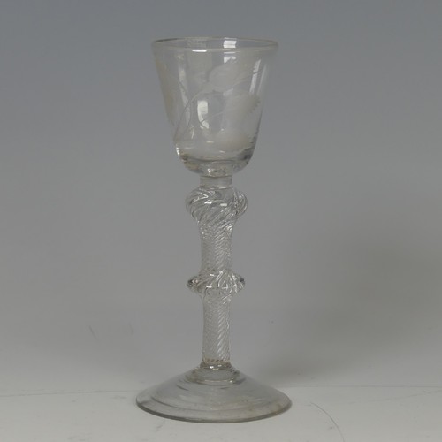 53 - A Georgian air-twist Jacobite Wine Glass, the conical bowl decorated with Jacobite rose, double-knop... 