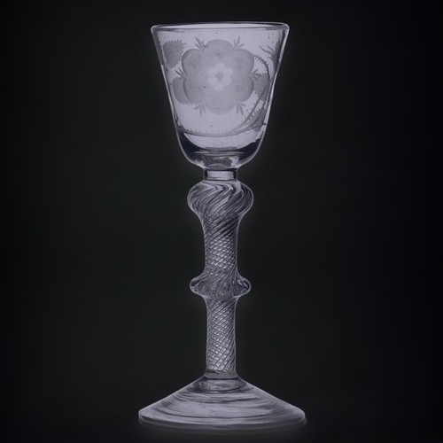 53 - A Georgian air-twist Jacobite Wine Glass, the conical bowl decorated with Jacobite rose, double-knop... 