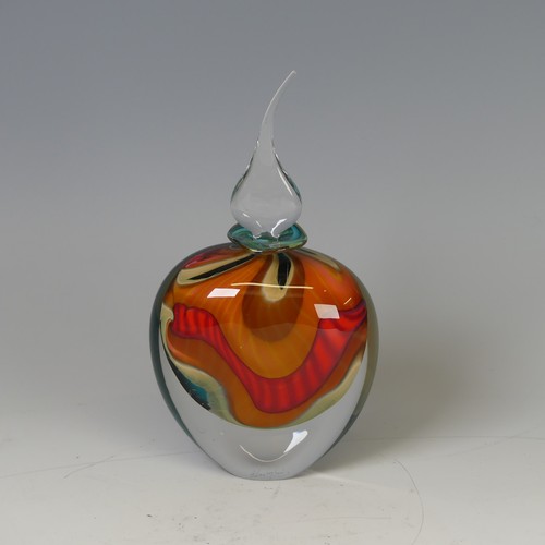 31 - Peter Layton (b. 1937) a studio ovoid glass Bottle, composed of blues, oranges and reds with flared ... 