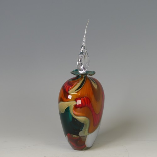 31 - Peter Layton (b. 1937) a studio ovoid glass Bottle, composed of blues, oranges and reds with flared ... 