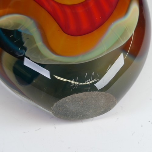 31 - Peter Layton (b. 1937) a studio ovoid glass Bottle, composed of blues, oranges and reds with flared ... 
