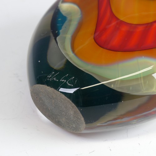 31 - Peter Layton (b. 1937) a studio ovoid glass Bottle, composed of blues, oranges and reds with flared ... 