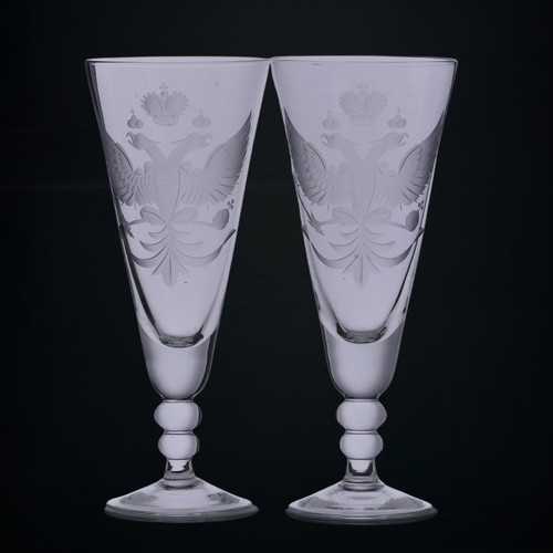 58 - A pair of 20thC wine Glasses, possibly Russian, engraved with double-headed Eagle with conical bowl,... 