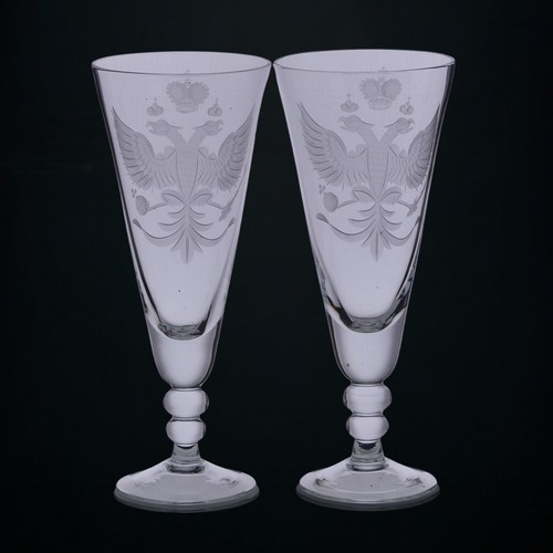 58 - A pair of 20thC wine Glasses, possibly Russian, engraved with double-headed Eagle with conical bowl,... 