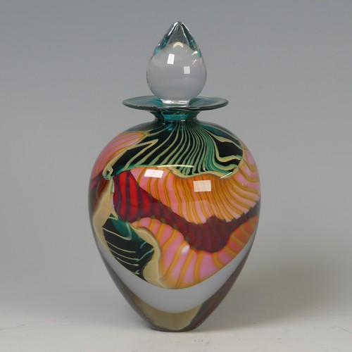 30 - Peter Layton (b. 1937) a studio ovoid glass Bottle, decorated with pinks, greens and reds, with flar... 
