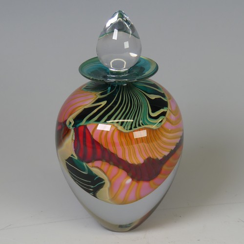 30 - Peter Layton (b. 1937) a studio ovoid glass Bottle, decorated with pinks, greens and reds, with flar... 