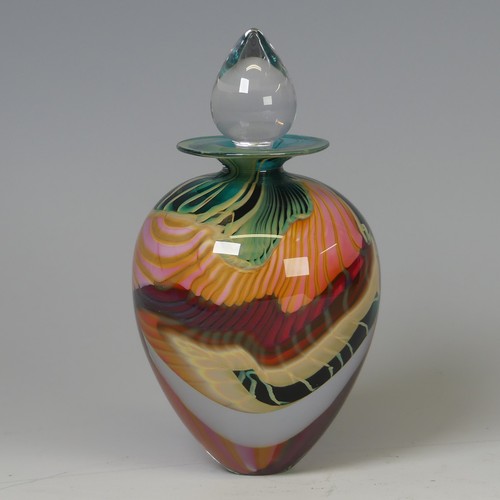 30 - Peter Layton (b. 1937) a studio ovoid glass Bottle, decorated with pinks, greens and reds, with flar... 