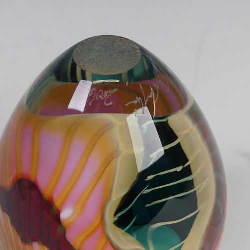 30 - Peter Layton (b. 1937) a studio ovoid glass Bottle, decorated with pinks, greens and reds, with flar... 