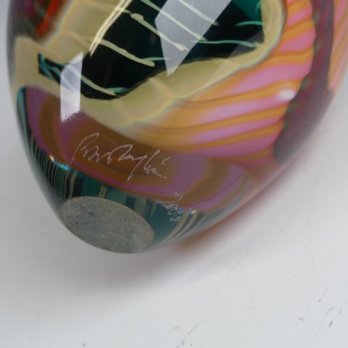 30 - Peter Layton (b. 1937) a studio ovoid glass Bottle, decorated with pinks, greens and reds, with flar... 