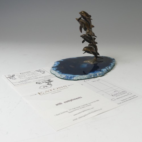 19 - Paul Eaton (Contemporary), 'Splash', a commissioned bronze sculpture of five dolphins on blue agate ... 