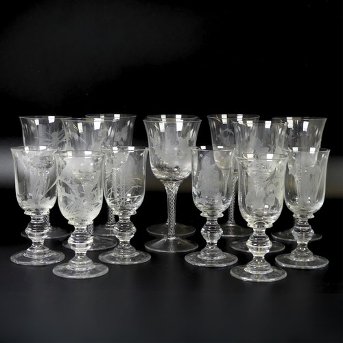 51 - A set of eight Jacobite-style Wine Glasses, with twisted stem and etched thistle motif, the foot wit... 