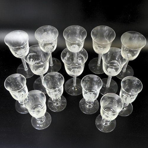 51 - A set of eight Jacobite-style Wine Glasses, with twisted stem and etched thistle motif, the foot wit... 