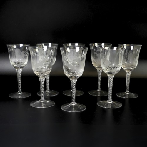 51 - A set of eight Jacobite-style Wine Glasses, with twisted stem and etched thistle motif, the foot wit... 