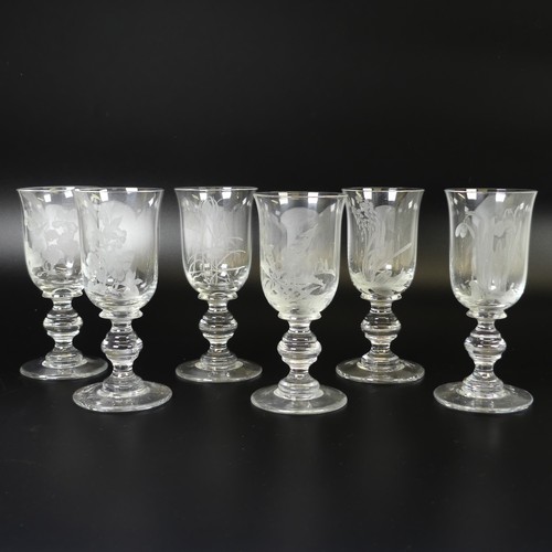 51 - A set of eight Jacobite-style Wine Glasses, with twisted stem and etched thistle motif, the foot wit... 