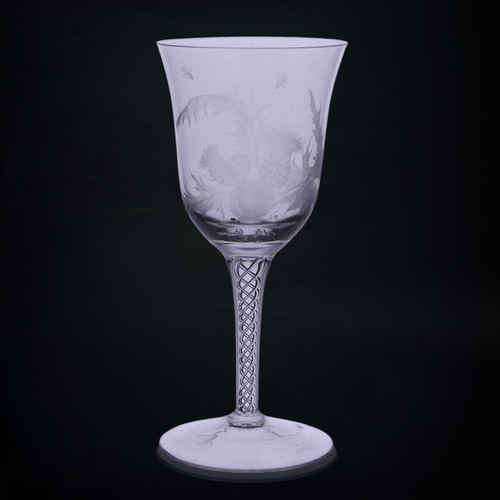 51 - A set of eight Jacobite-style Wine Glasses, with twisted stem and etched thistle motif, the foot wit... 
