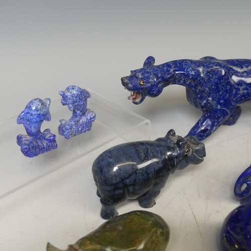 26 - A large Lapis Lazuli carved sculpture of a Leopard/Panther, with glass eyes and mother of pearl teet... 