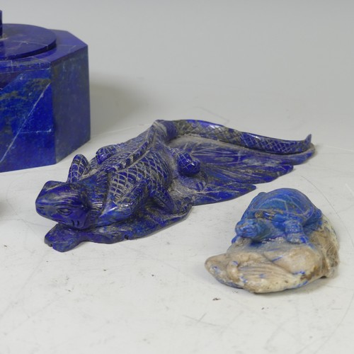 25 - A large carved Lapis Lazuli study of a Lizard on leaf, probably Chinese, unsigned, L 17.5 cm, togeth... 