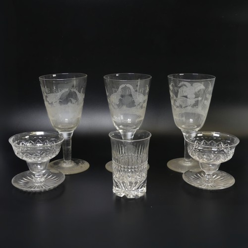 62 - A set of three mid 19thC Glasses, depicting cock fighting scenes, including 'The Set To', 'The Fight... 