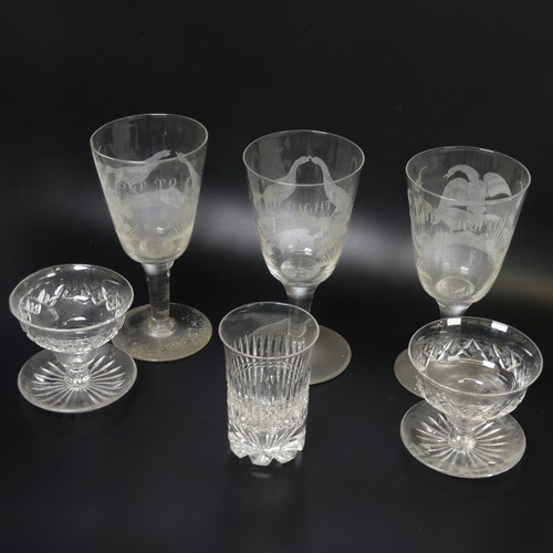 62 - A set of three mid 19thC Glasses, depicting cock fighting scenes, including 'The Set To', 'The Fight... 