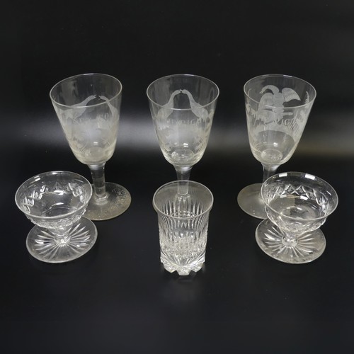 62 - A set of three mid 19thC Glasses, depicting cock fighting scenes, including 'The Set To', 'The Fight... 