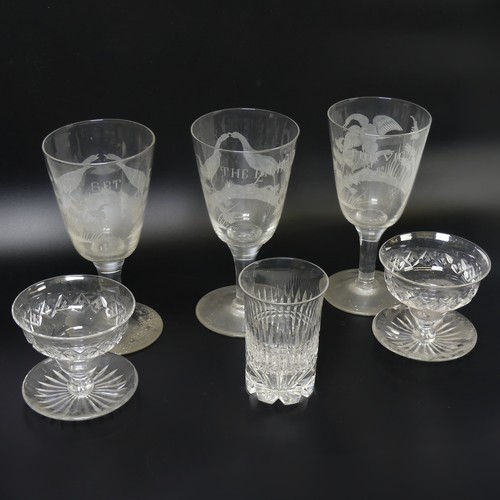 62 - A set of three mid 19thC Glasses, depicting cock fighting scenes, including 'The Set To', 'The Fight... 