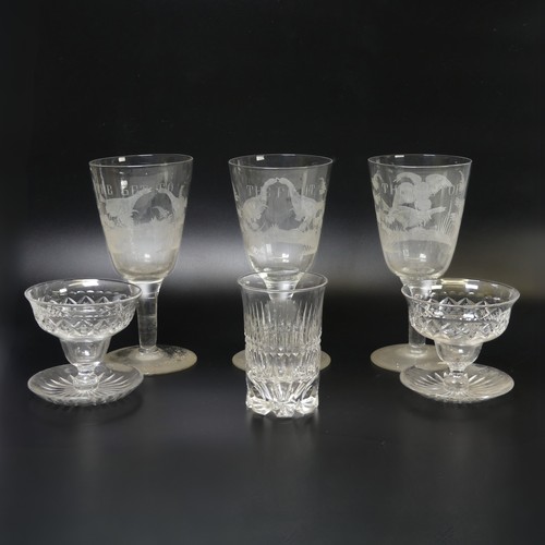 62 - A set of three mid 19thC Glasses, depicting cock fighting scenes, including 'The Set To', 'The Fight... 