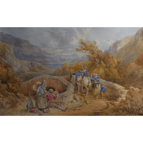 19th century School, Travellers by a bridge in a Highland Landscape ...