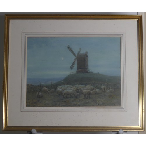Jessie Hall (1858-1919), 'The New Moon' - with sheep and windmill, watercolour, signed, 11in x 15in (28cm x 38cm), framed and glazed.