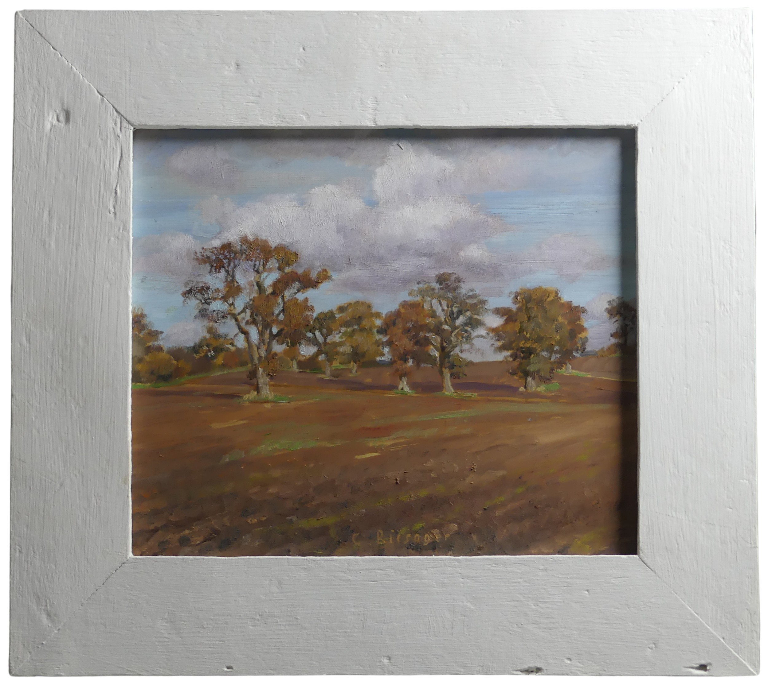 Chris Riisager (b. 1961) Trees in a plowed field, oil on board, signed ...