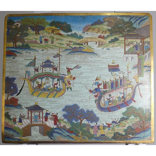 336 - An 18thC Chinese cloisonné rectangular Plaque, or panel, depicting figures on two dragon boats in a ... 
