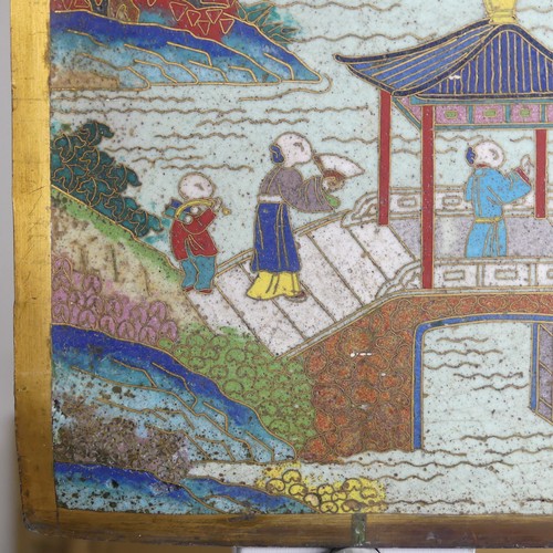 336 - An 18thC Chinese cloisonné rectangular Plaque, or panel, depicting figures on two dragon boats in a ... 